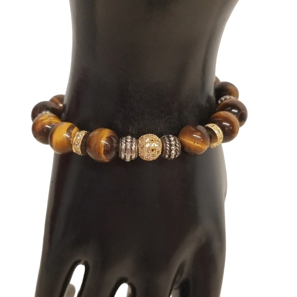 VINTAGE GENUINE TIGERS EYE GEMSTONE & CRYSTAL BEAD STRETCH BRACELET - Picture 1 of 6